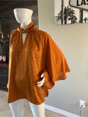IMAN Silk Burnt Orange Cape Sleeve Blouse 1X